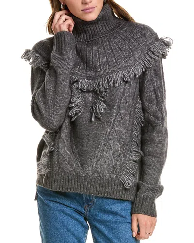 Ramy Brook Mya Cable Stitch Fringe Turtleneck Sweater In Gray