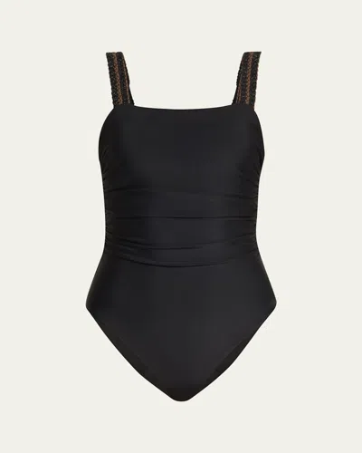 Ramy Brook Myra One-piece Swimsuit In Black/gold Embroidery