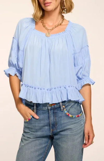 Ramy Brook Natasha Ruched Square Neck Blouse In Blue