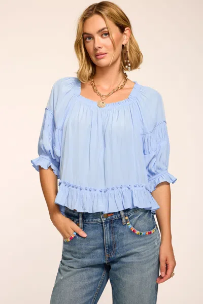 Ramy Brook Natasha Ruched Square Neck Blouse In Blue