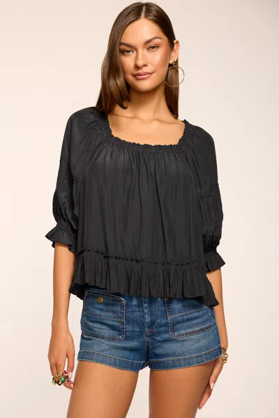 Ramy Brook Natasha Ruched Square Neck Blouse In Black
