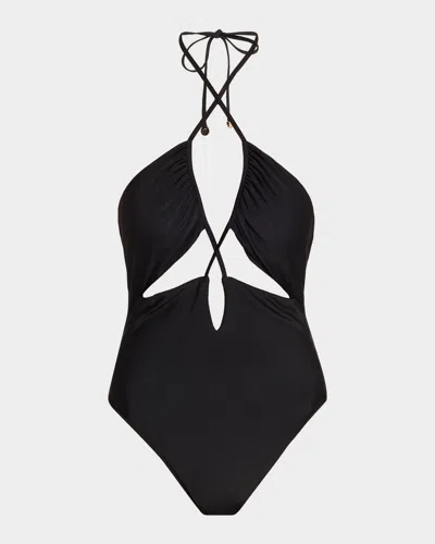 Ramy Brook Nia Cutout Halter One-piece Swimsuit In Black