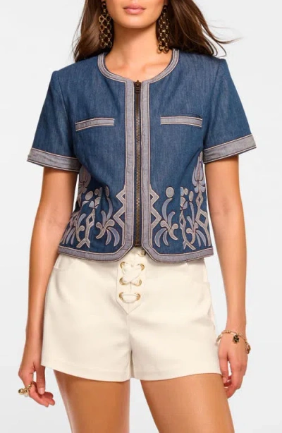 Nicko Denim Embroidered Short Sleeve Jacket In Blue from Ramy Brook