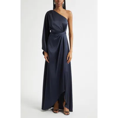 Ramy Brook Opal One-shoulder Single Long Sleeve Satin Gown In Blue