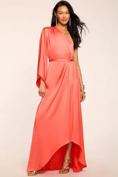Ramy Brook Opal One-shoulder Single Long Sleeve Satin Gown In Orange