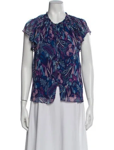 Pre-owned Ramy Brook Paisley Print Short Sleeve Blouse In Blue