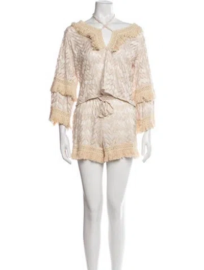 Pre-owned Ramy Brook Patterned Embroidered Accent Pant Set In Neutrals