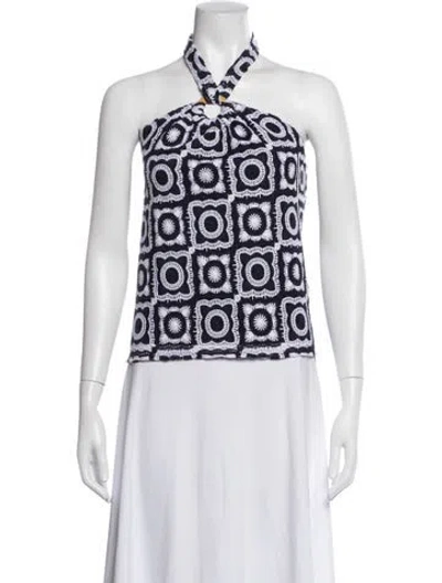 Pre-owned Ramy Brook Patterned Halterneck Crop Top W/ Tags In Blue/white