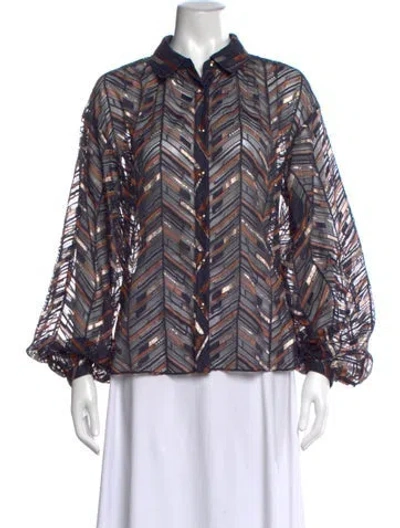 Pre-owned Ramy Brook Patterned Long Sleeve Blouse In Blue