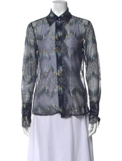 Pre-owned Ramy Brook Patterned Long Sleeve Blouse In Blue
