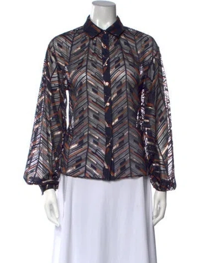 Pre-owned Ramy Brook Patterned Long Sleeve Blouse In Blue