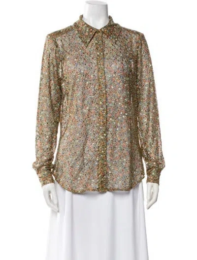 Pre-owned Ramy Brook Patterned Long Sleeve Blouse In Gold