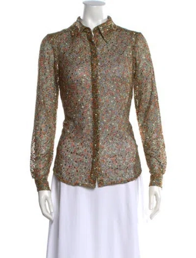 Pre-owned Ramy Brook Patterned Long Sleeve Button-up Top In Gold