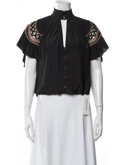 Pre-owned Ramy Brook Patterned Tie Neck Blouse In Black