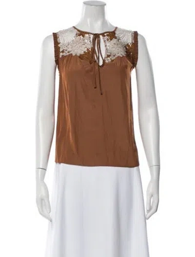 Pre-owned Ramy Brook Patterned Tie Neck Blouse In Brown