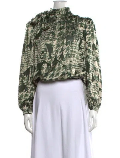 Pre-owned Ramy Brook Patterned Tie Neck Blouse In Green