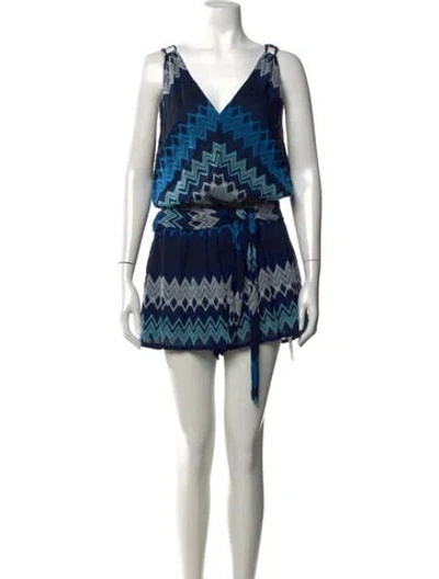 Pre-owned Ramy Brook Patterned V-neck Romper In Blue