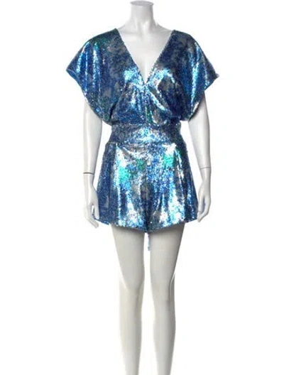 Pre-owned Ramy Brook Patterned V-neck Romper In Blue/metallic