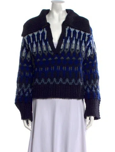 Pre-owned Ramy Brook Patterned V-neck Sweater In Blue