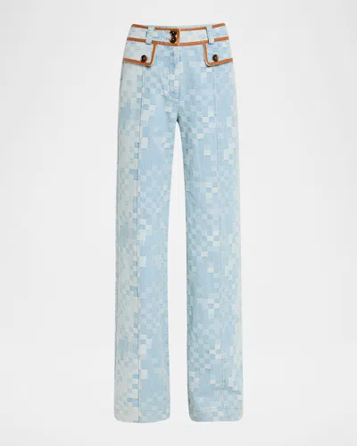 Ramy Brook Paula Checkered Denim Wide-leg Pants In Purple