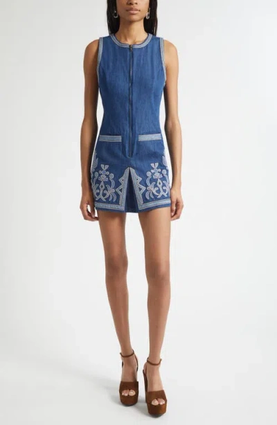 Ramy Brook Paulina Embroidered Sleeveless Denim Minidress In Blue