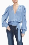 Ramy Brook Pauline Satin Wrap Front Blouse In Steel Blue