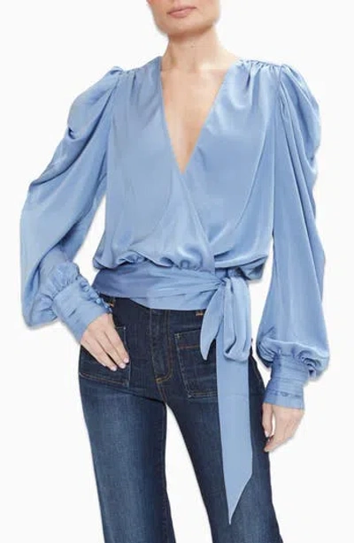 Ramy Brook Pauline Satin Wrap Front Blouse In Steel Blue