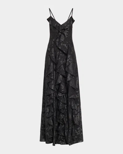 Ramy Brook Penelope Flocked Ruffled Gown In Black