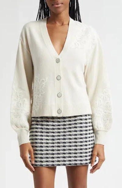 Ramy Brook Perry Lace Accent Wool & Cashmere Cardigan In Winter White Combo