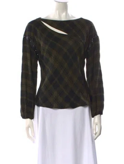 Pre-owned Ramy Brook Plaid Print Asymmetrical Top In Green