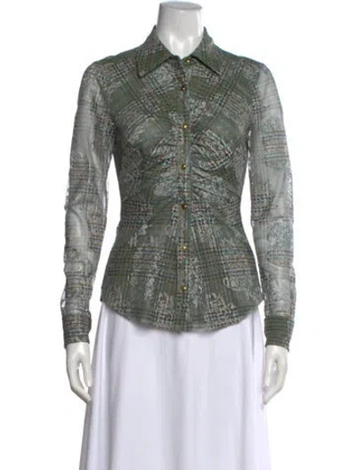 Pre-owned Ramy Brook Plaid Print Long Sleeve Blouse In Green