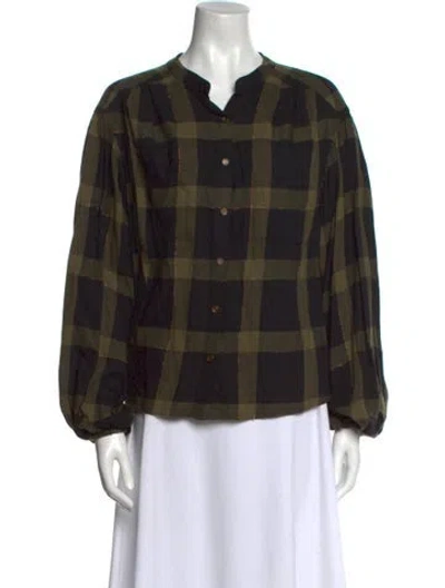 Pre-owned Ramy Brook Plaid Print V-neck Blouse In Green