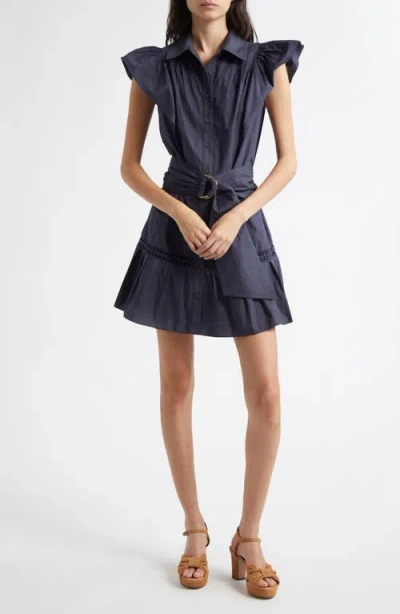 Ramy Brook Pleated Belted Flutter Sleeve Minidress In Spring Navy