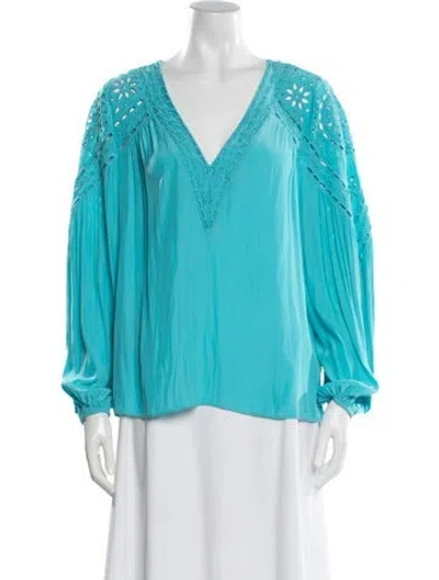 Pre-owned Ramy Brook Plunge Neckline Long Sleeve Blouse In Blue