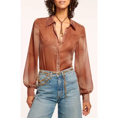 Ramy Brook Polly Metallic Stripe Geo Print Button-up Shirt In Saddle Geo