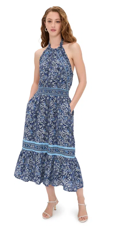 Ramy Brook Delia Mixed Print Halter Neck Cotton Dress In Blue
