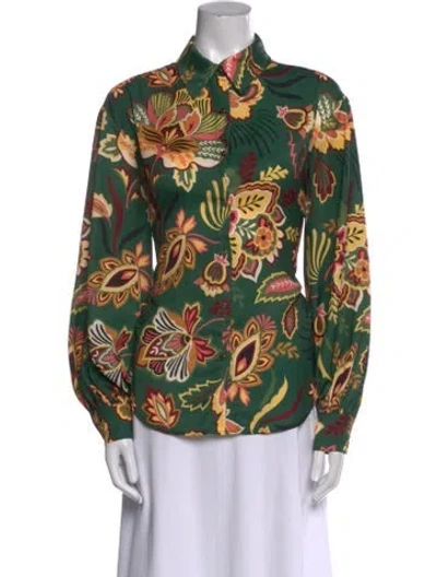 Pre-owned Ramy Brook Printed Long Sleeve Button-up Top In Green