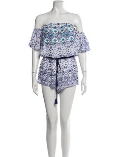 Pre-owned Ramy Brook Printed Off-the-shoulder Romper In Blue