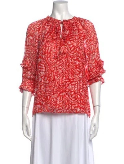 Pre-owned Ramy Brook Printed Tie Neck Blouse In Metallic/red