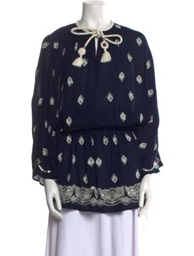 Pre-owned Ramy Brook Printed Tie Neck Top In Blue