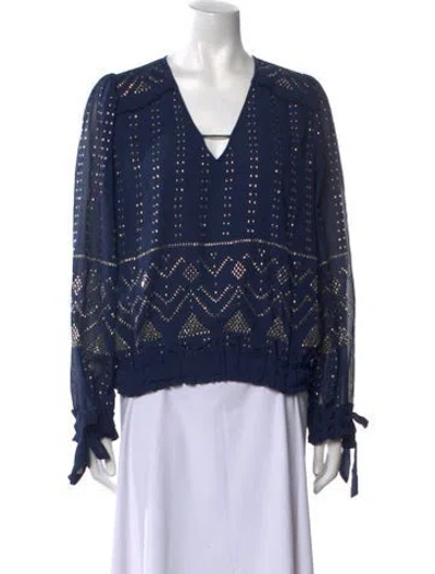 Pre-owned Ramy Brook Printed V-neck Blouse In Blue