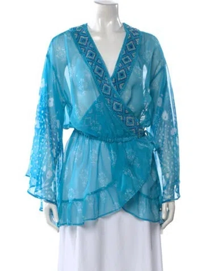 Pre-owned Ramy Brook Printed V-neck Blouse In Blue