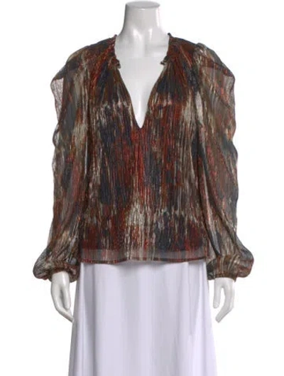 Pre-owned Ramy Brook Printed V-neck Blouse In Brown