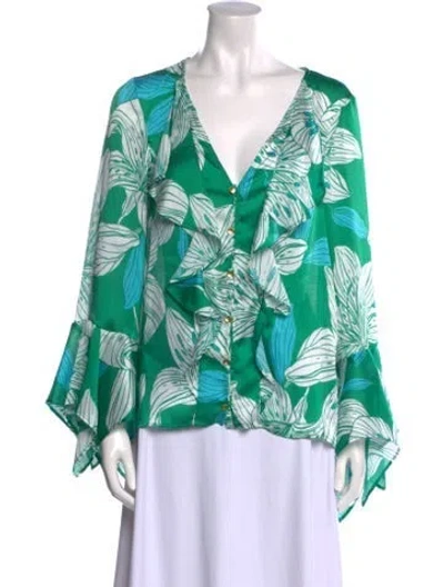 Pre-owned Ramy Brook Printed V-neck Blouse In Green