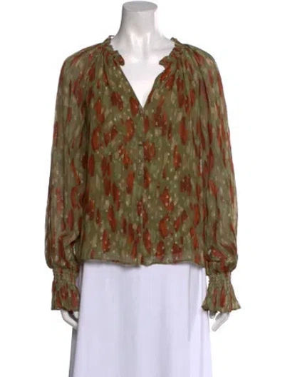 Pre-owned Ramy Brook Printed V-neck Blouse In Green