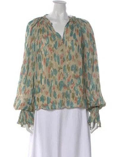 Pre-owned Ramy Brook Printed V-neck Blouse In Green