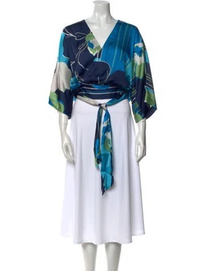 Pre-owned Ramy Brook Printed V-neck Blouse W/ Tags In Blue