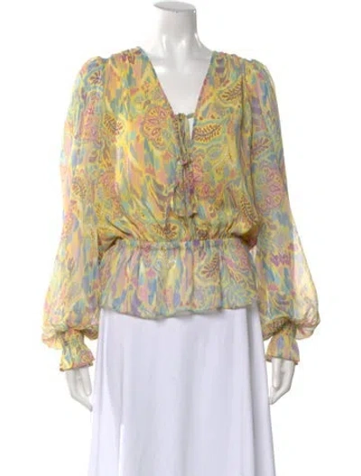 Pre-owned Ramy Brook Printed V-neck Blouse W/ Tags In Yellow