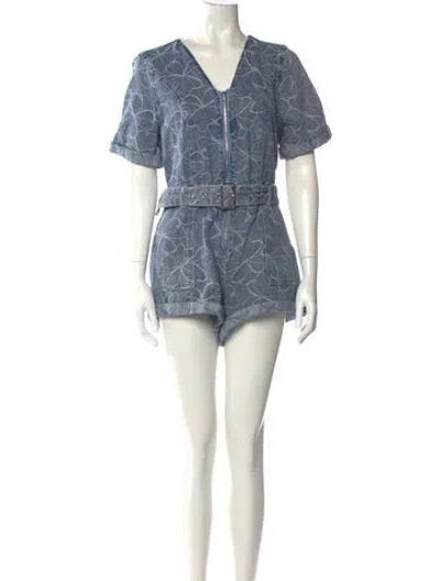 Pre-owned Ramy Brook Printed V-neck Romper In Blue