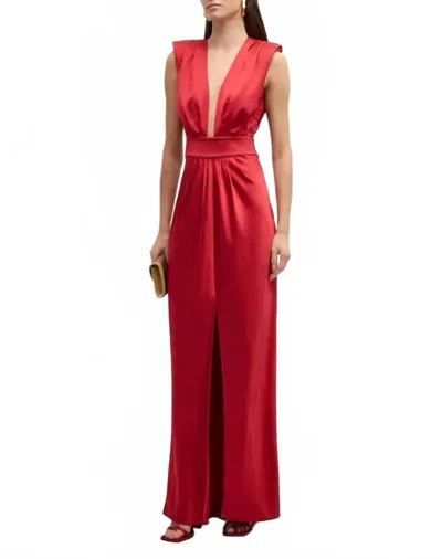 Ramy Brook Quinn Pleated V-neck Satin Gown In Red